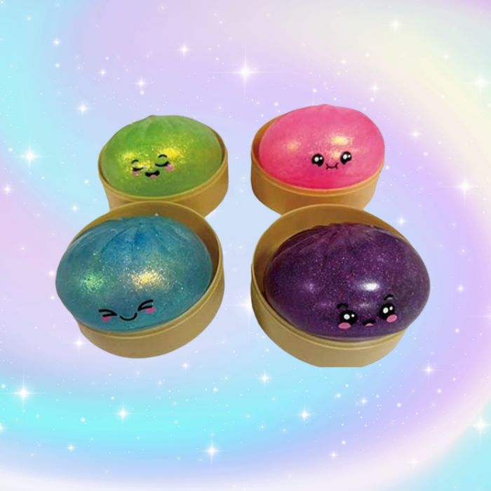 3.5" Glitter Squishy Dumpling Sensory Squeeze Stress Relief Toy Fidget, Display of 12