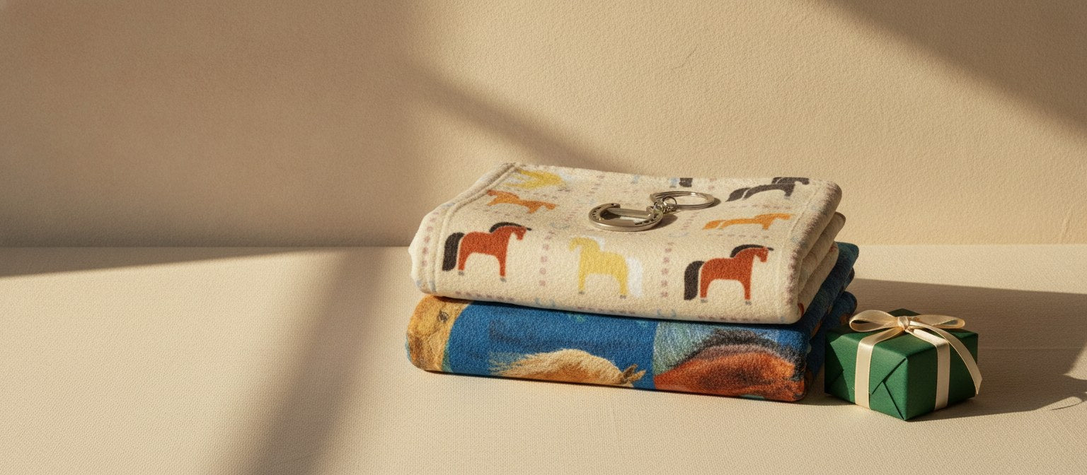 Equestrian throw blankets and horseshoe gifts arranged on a wooden bench