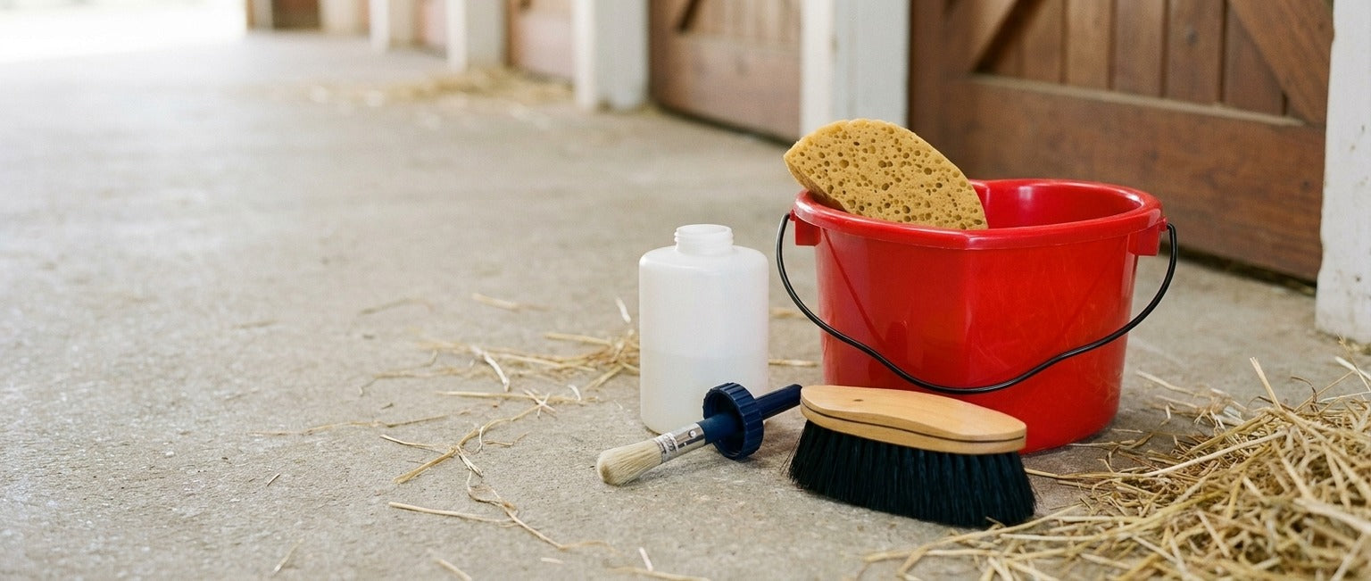 Red heart-shaped pail holding a sponge beside a hoof-oil bottle and a wooden-backed body brush on a barn aisle floor
