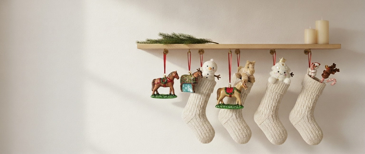 Cream knit stockings on a wooden shelf holding snowman, horse and Christmas tree plush, with three glass horse ornaments alongside