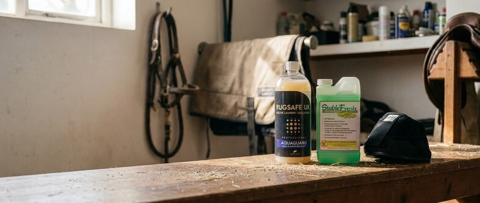 RugSafe and Stable Fresh bottles with a hoof boot on a tack room bench