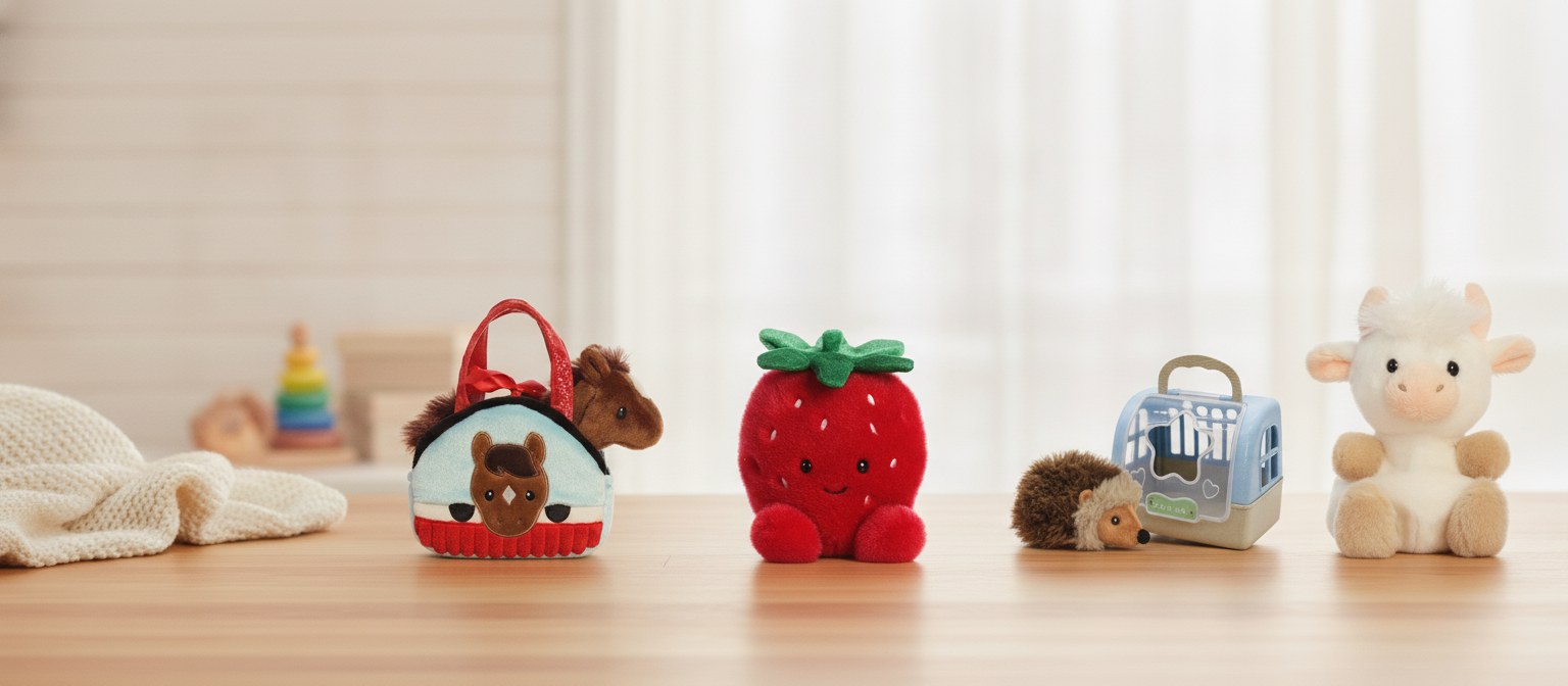 Row of plush toys: pony in a purse carrier, strawberry, hedgehog with pet carrier and highland cow