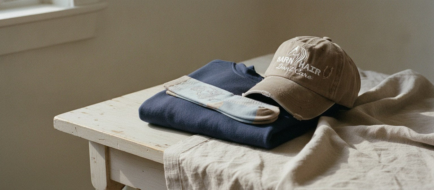 Folded navy sweatshirt with a horse-pattern sock and a khaki ball cap on a linen-covered table