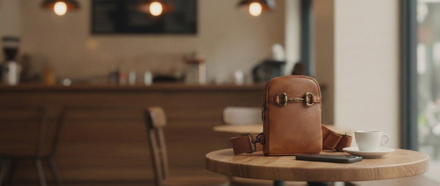 Brown snaffle-bit crossbody sling bag on a cafe table beside a phone and espresso cup