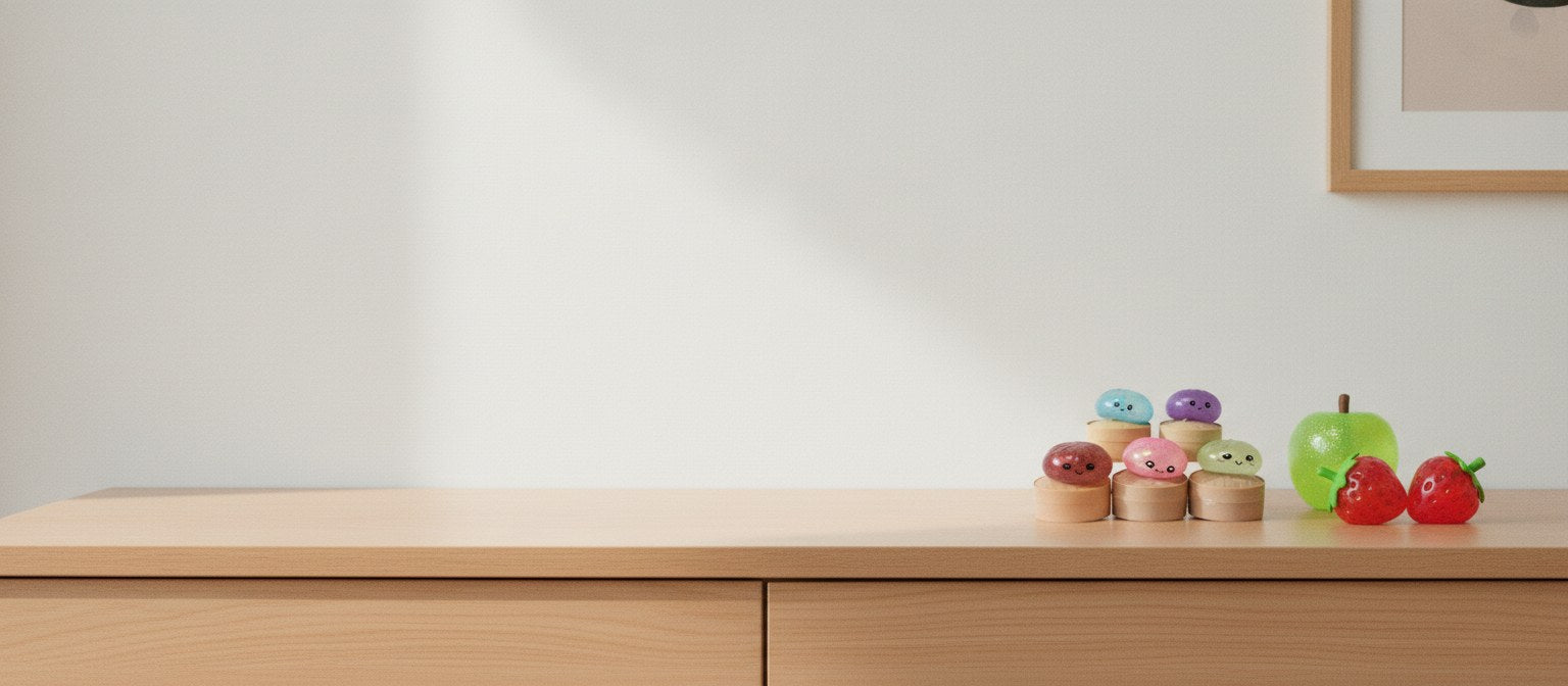 Colourful squishy toys on a child's dresser: glitter steam buns, a candy apple and strawberries
