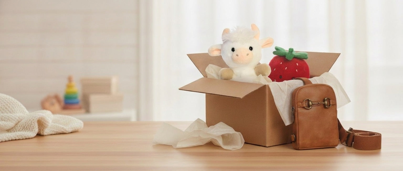 Open kraft shipping box with tissue paper revealing a highland cow and strawberry plush, with a brown crossbody bag alongside