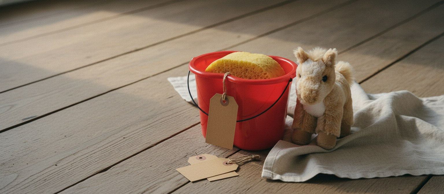 Red heart pail with a sponge, a caramel pony plush and blank kraft tags on sunlit wooden boards