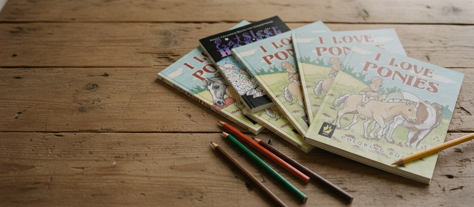Fan of horse colouring books topped by I Love Ponies, with coloured pencils on a farmhouse table