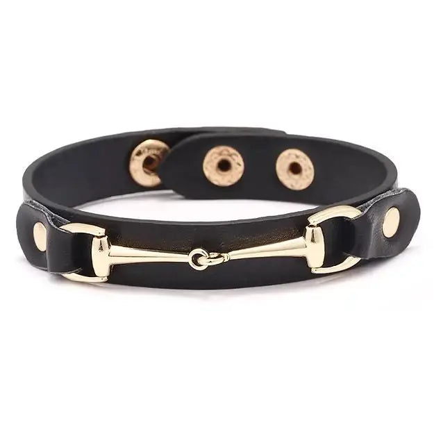 Vegan Leather Gold Snaffle Bit Bracelet, Black