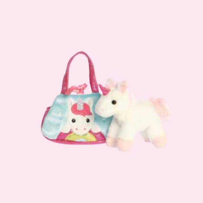 7" White Unicorn in Peek-A-Boo Sparkle Purse Carrier