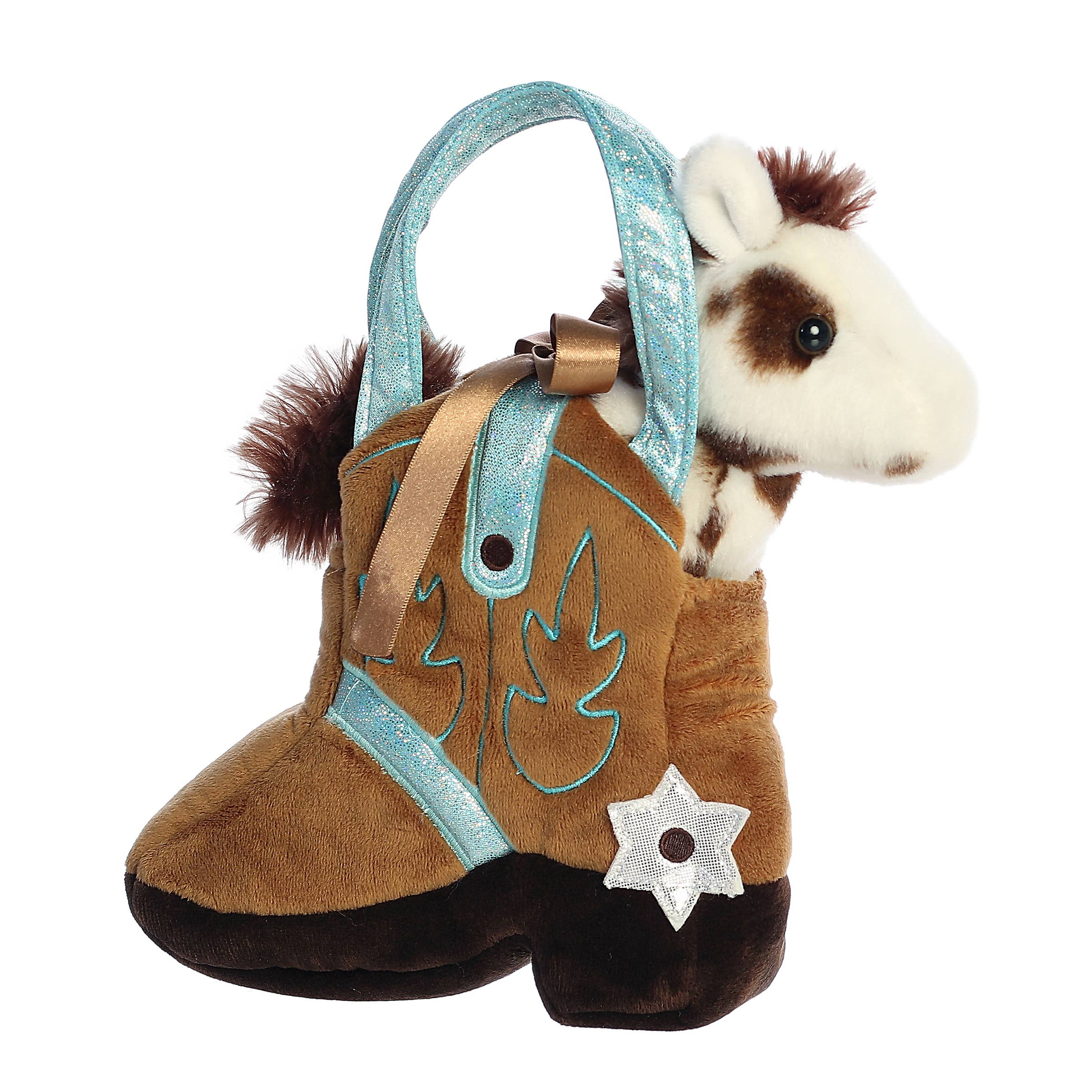 7" Plush Gray Spotted Horse in Brown Giddyup Boot Purse Carrier