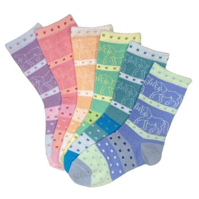 Pony Party Crew Socks, 6-pack, Youth shoe sizes 12-3