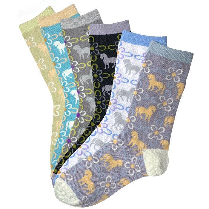 Horseshoe Blossoms Crew Socks, 6-pack, Ladies shoe size 5-10