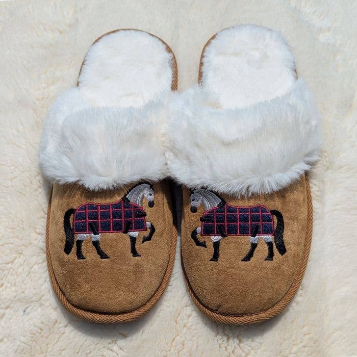 Grey Horse Faux Fur Suede Slippers, L/XL