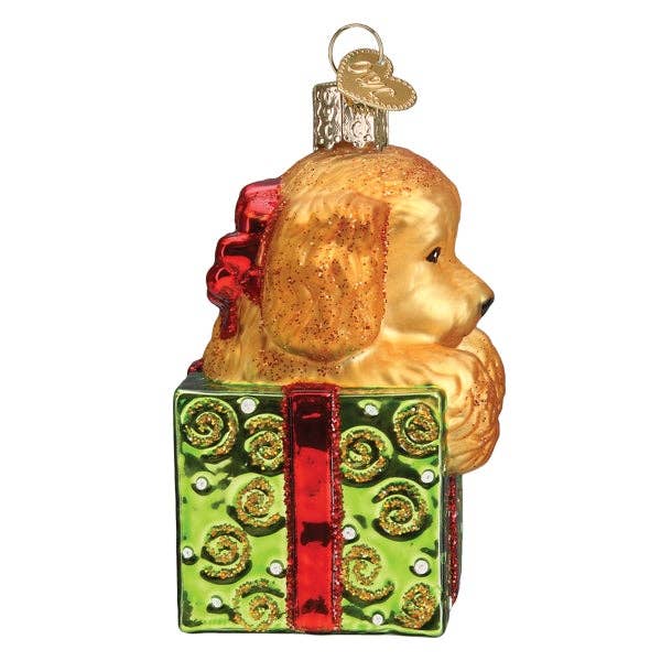 Ornament - Glass Puppy Present, 3.5"