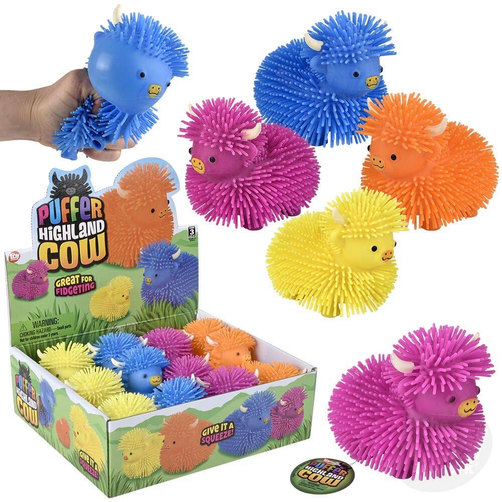4" Highland Cow Puffer Sensory Toys, Display of 12