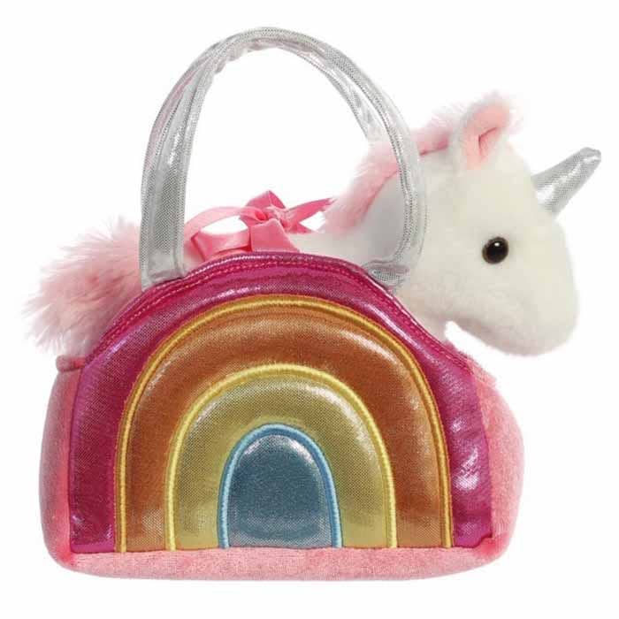 7" Plush White Unicorn Over The Rainbow Purse Carrier