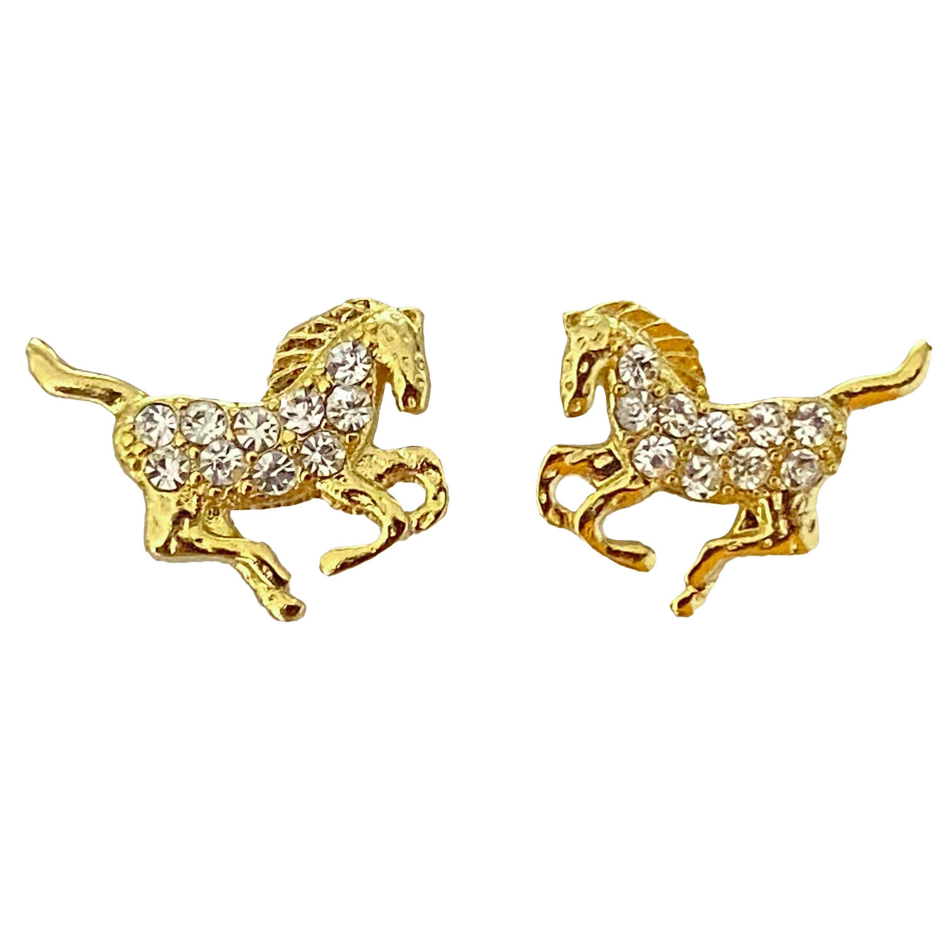 Kid's Gold Galloping Horse Earrings, Clear