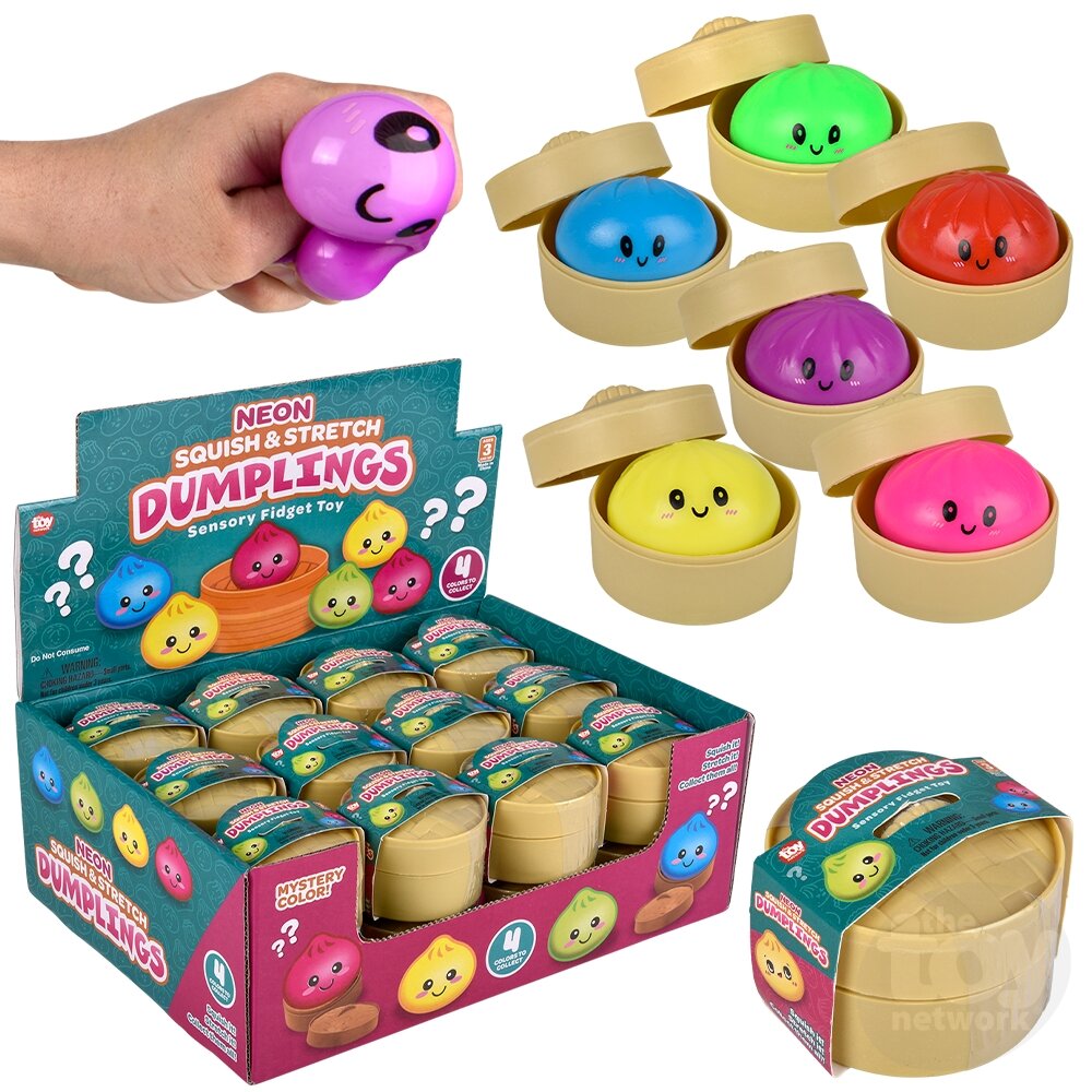 2" Squish and Stretch Surprise Neon Dumpling Sensory Toys, Display of 24