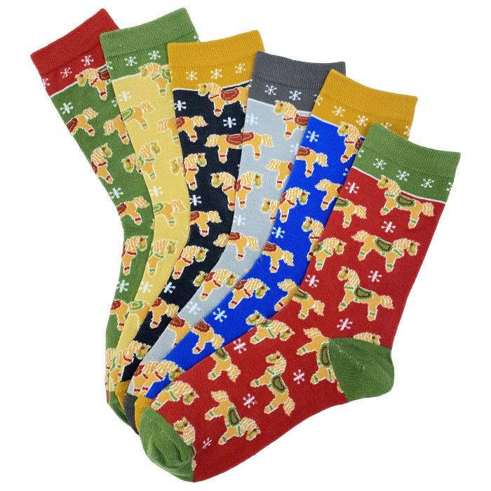 Gingerbread Horses Crew Socks, 6-pack, Ladies shoe size 5-10