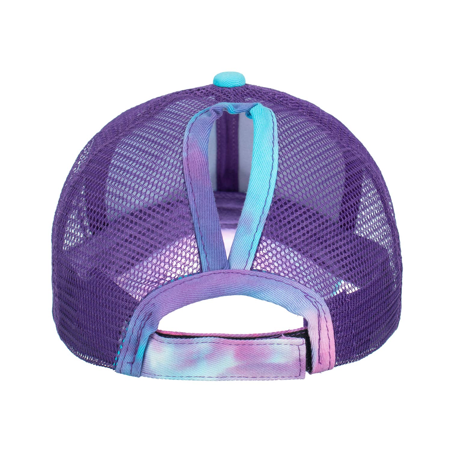 Just Ride Ponytail High Bun Trucker Cap, Purple Blue Tie Dye..