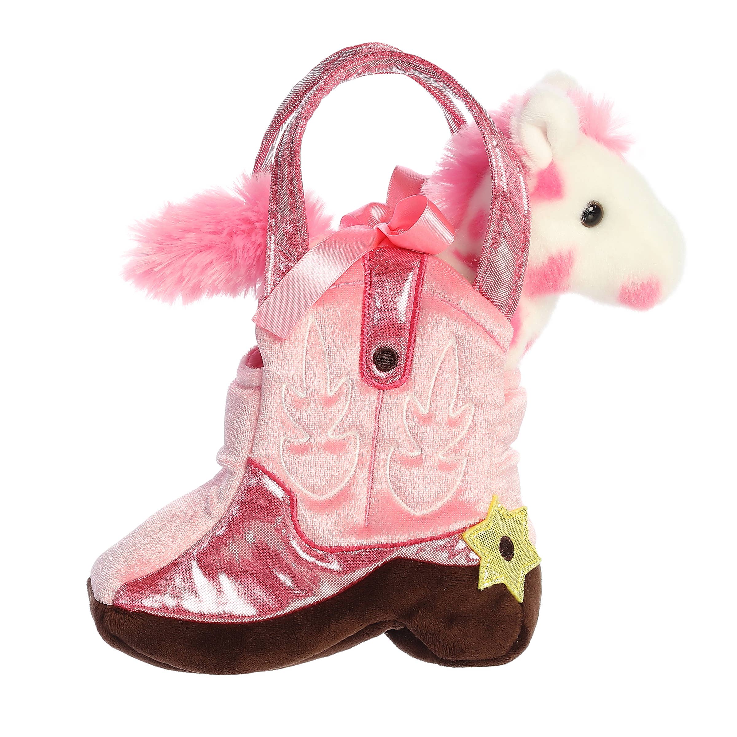 7" Plush Pink Spotted Pony in Pink Giddyup Boot Purse Carrier