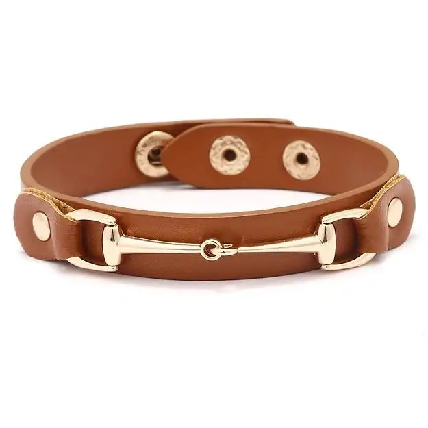 Vegan Leather Gold Snaffle Bit Bracelet, Black