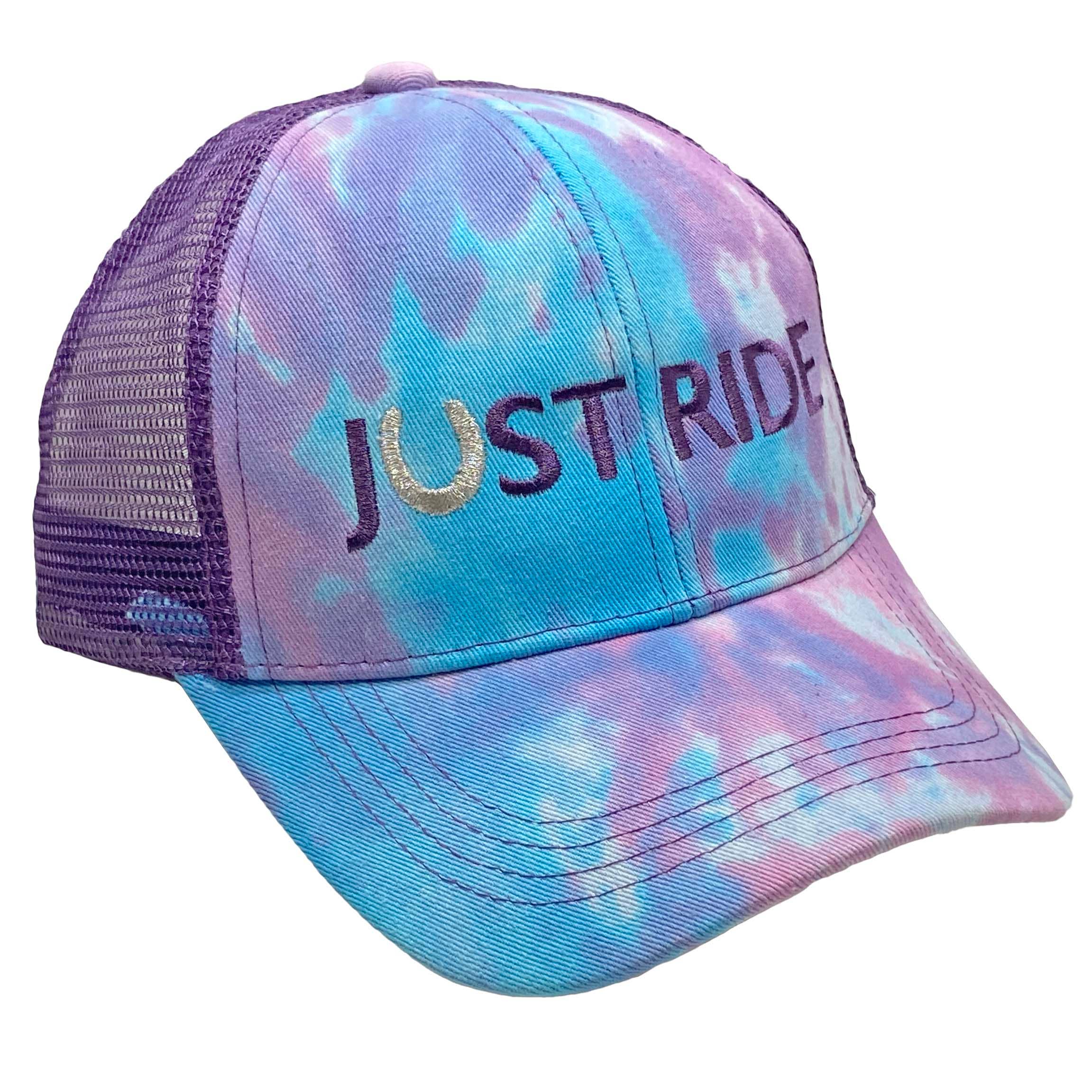 Just Ride Ponytail High Bun Trucker Cap, Purple Blue Tie Dye..