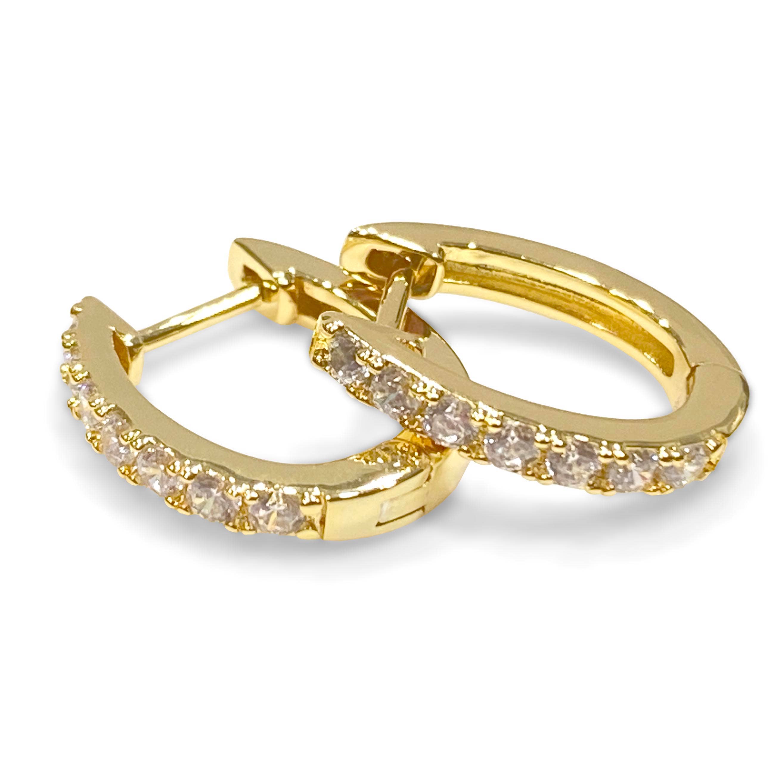 Horseshoe Hinge Earrings, Gold Plated, Clear CZ Stones